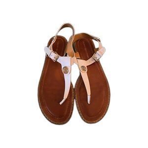 Tommy Hilfiger White T-Strap Thong Sandals Shoes Women's Size 9M TH Logo Summer